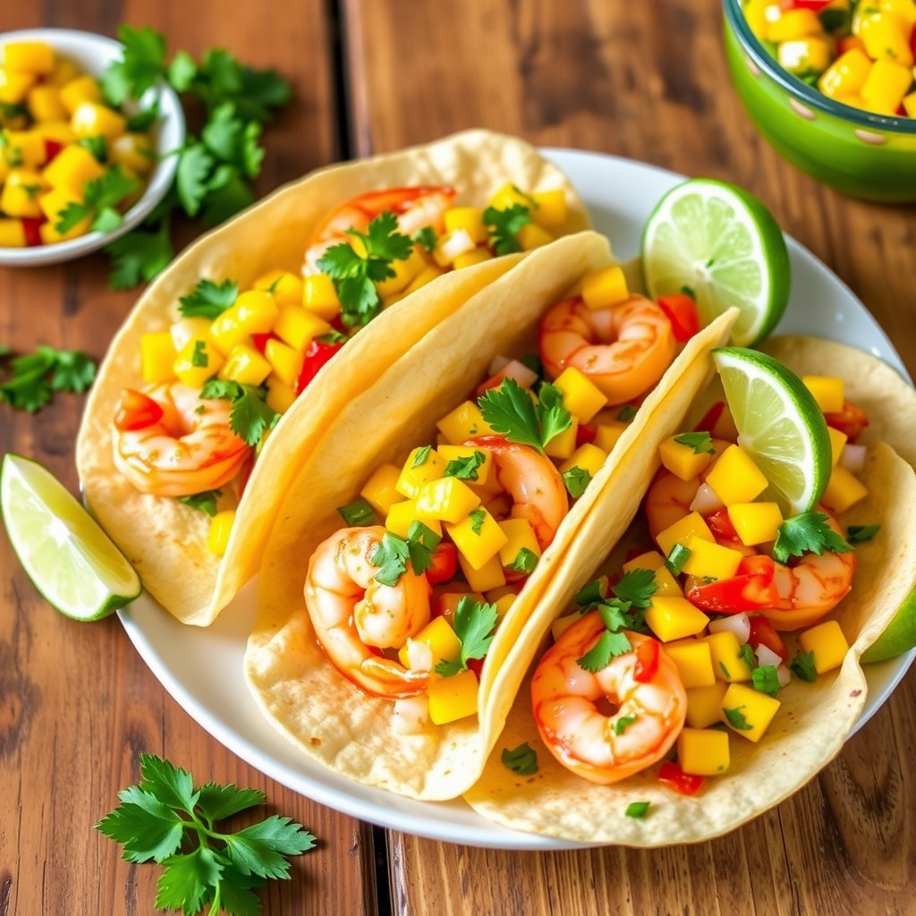 Shrimp tacos with mango salsa served on a colorful plate, garnished with cilantro and lime.